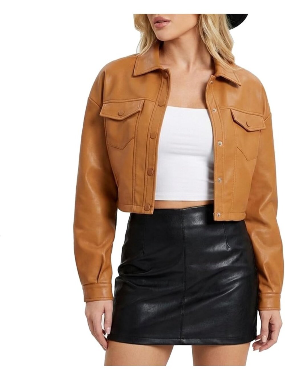 Women’s Brown Faux Leather Cropped Moto Biker Jacket Trendy PU Coat